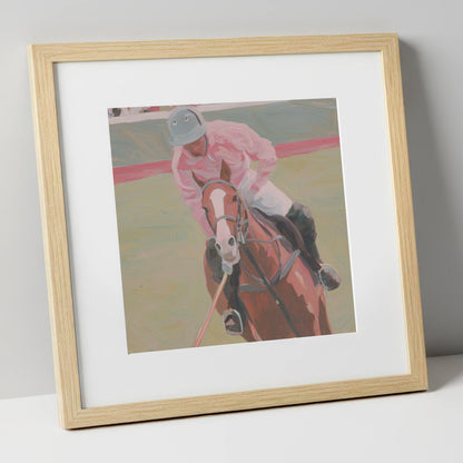 Dusty Pink Pursuit polo horse art print in natural frame