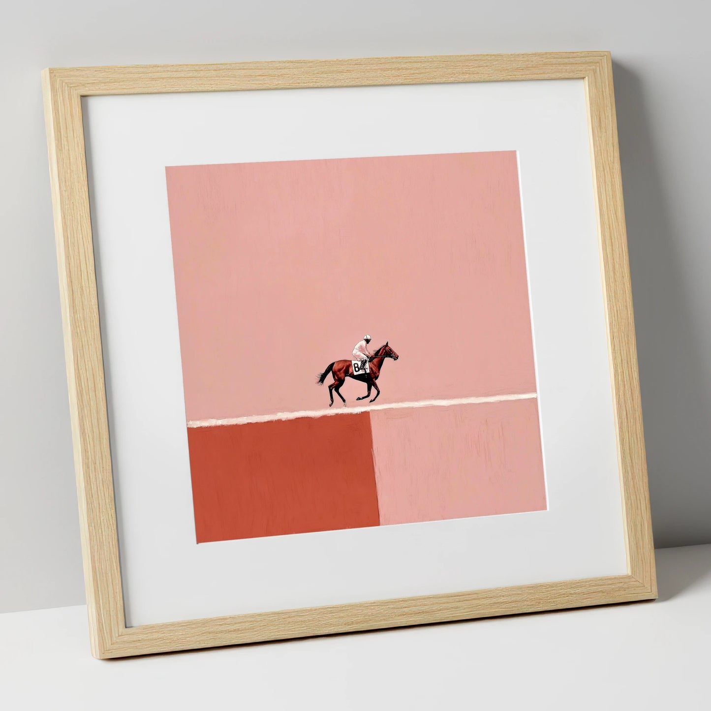 Dusty Rose Canter racing horse art print in natural frame