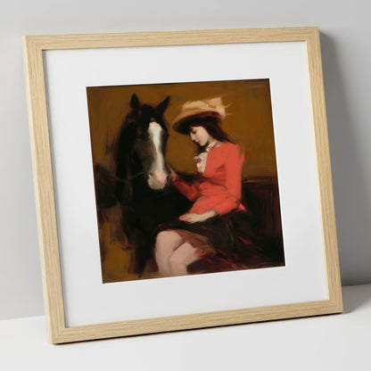 A Quiet Connection horse & rider art print in natural frame