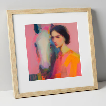 Vibrant Connection horse & rider art print in natural frame