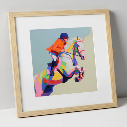 Chromatic Leap show jumping horse art print in natural frame