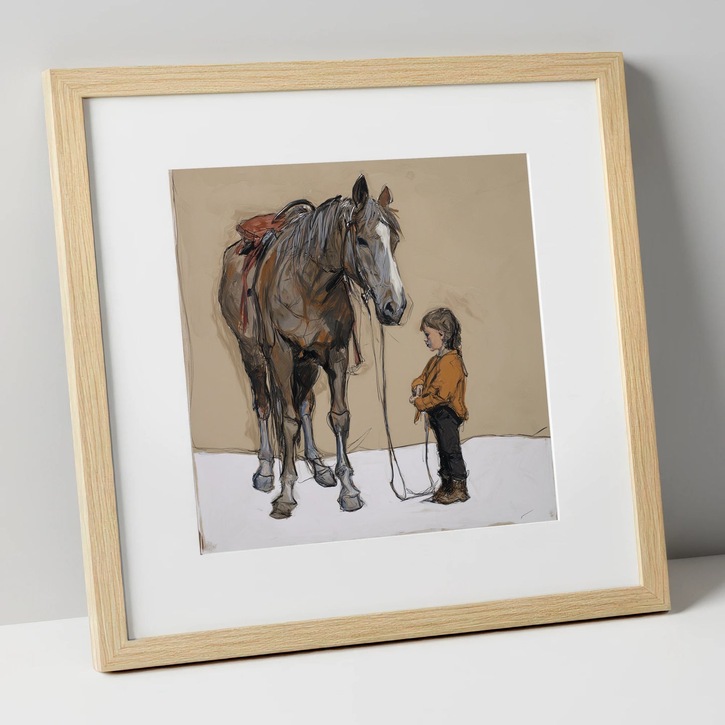 Silent Understanding horse & rider art print in natural frame