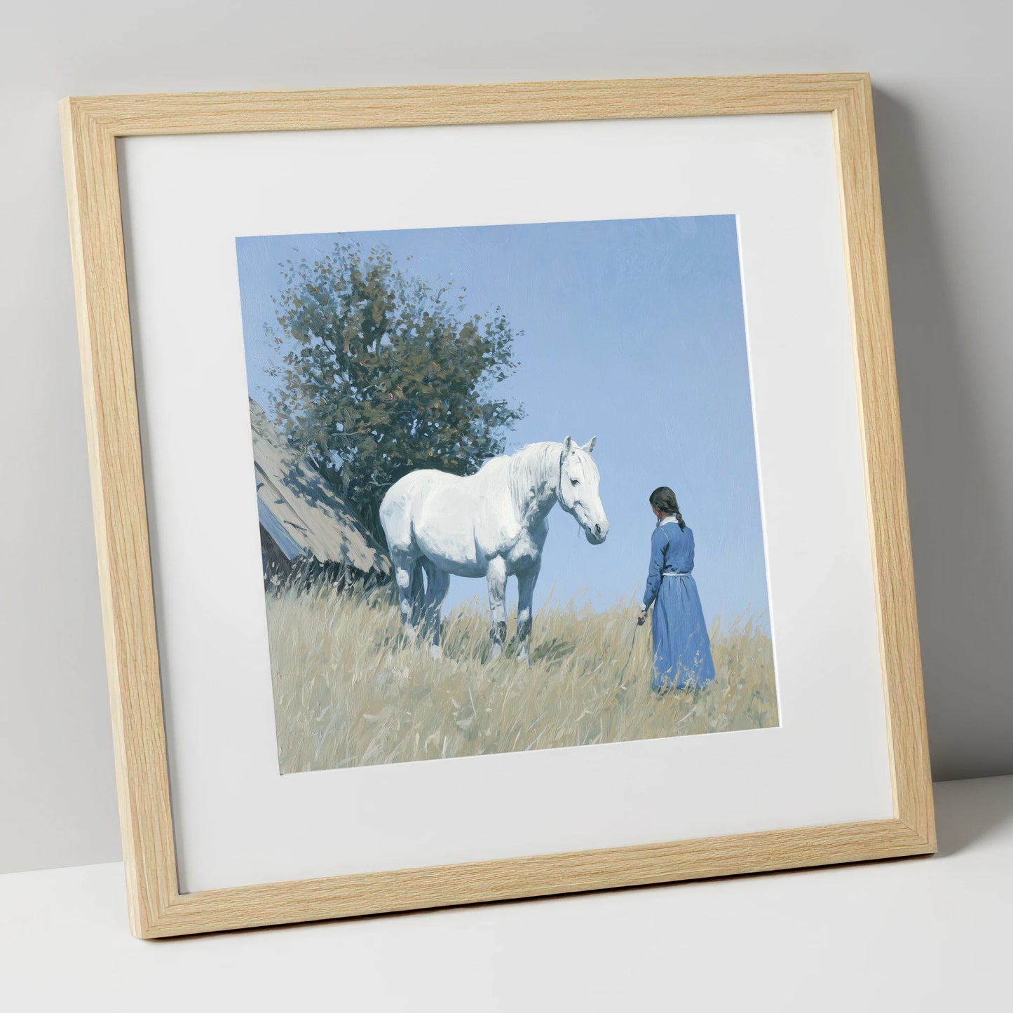 Quiet Companionship horse & rider art print in natural frame