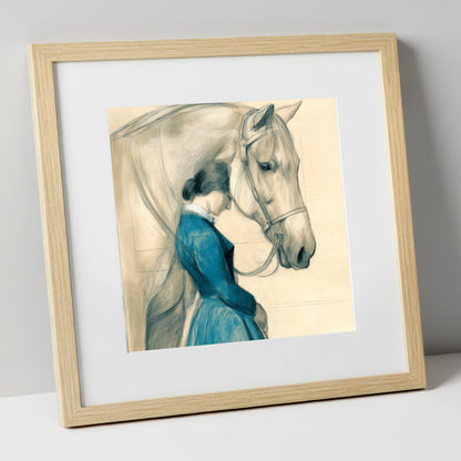 Solace in Stillness horse & rider art print in natural frame