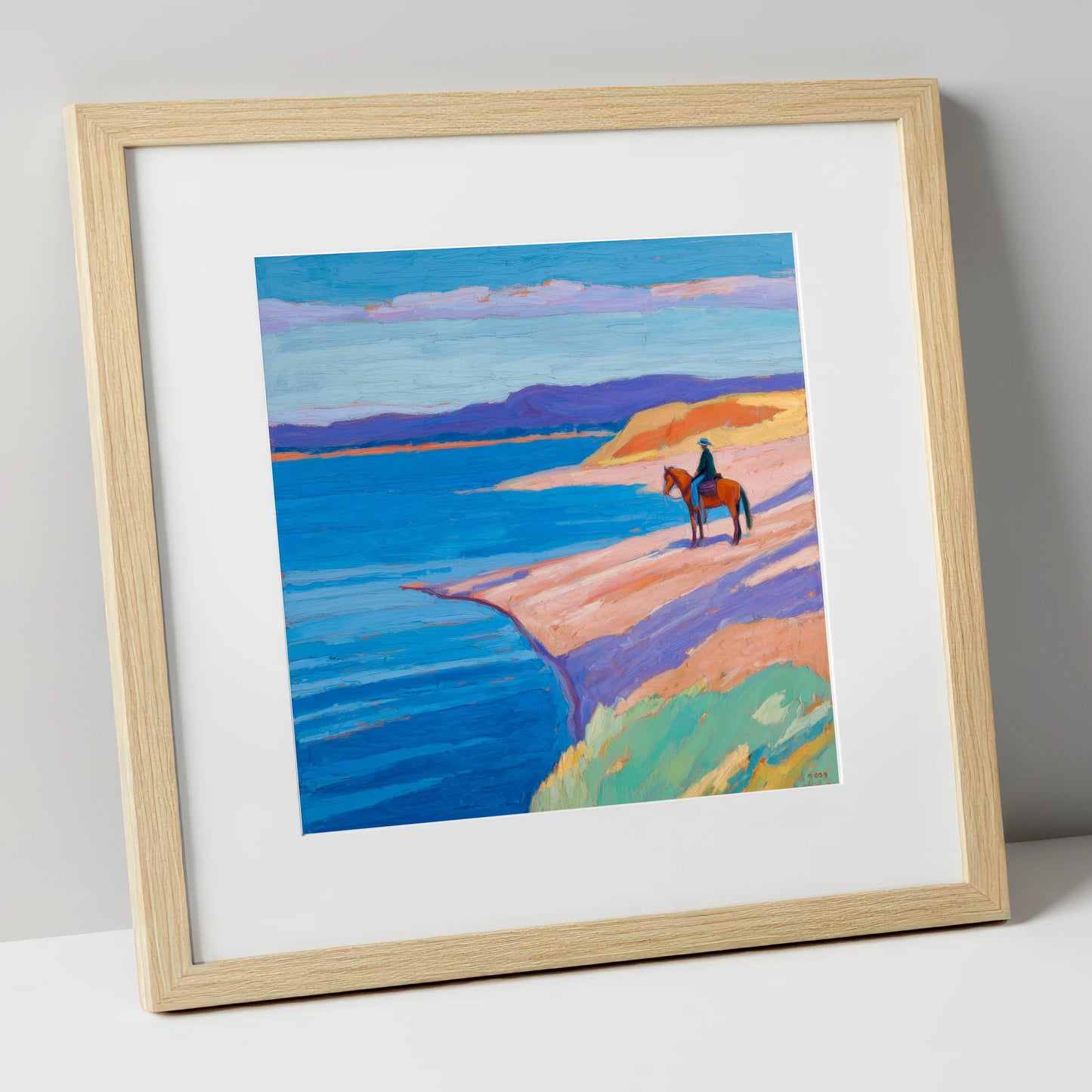 Edge of the Azure beach horse art print in natural frame