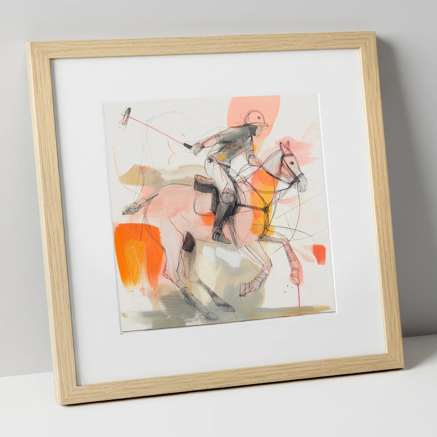 The Decisive Swing polo horse art print in natural frame