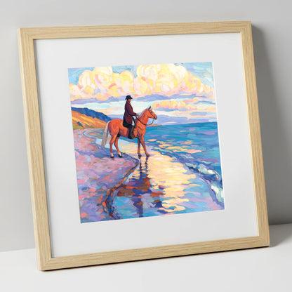 Sunset Coastal Reflections beach horse art print in natural frame