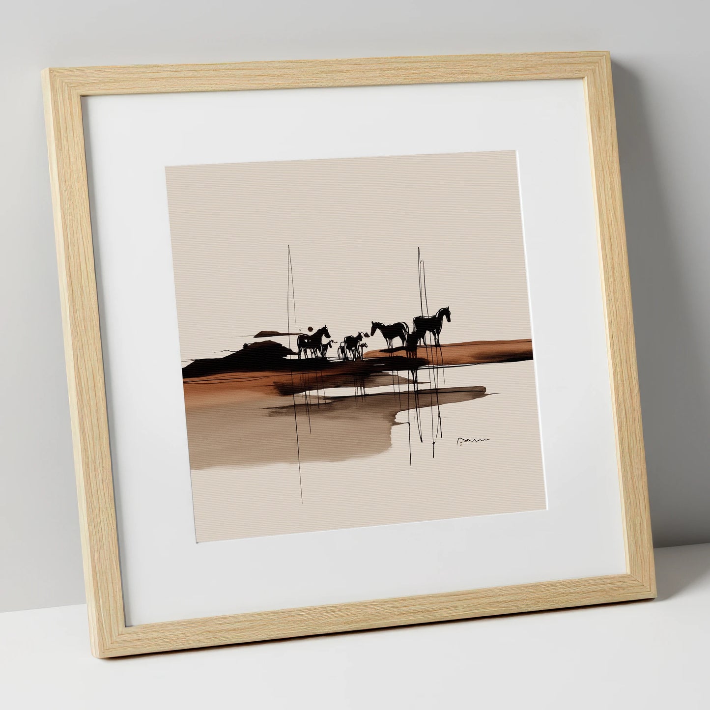 Herd on the Horizon horse landscape art print in natural frame