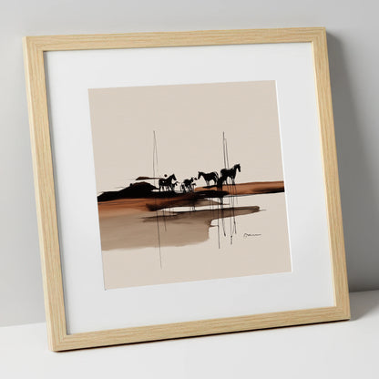 Herd on the Horizon horse landscape art print in natural frame