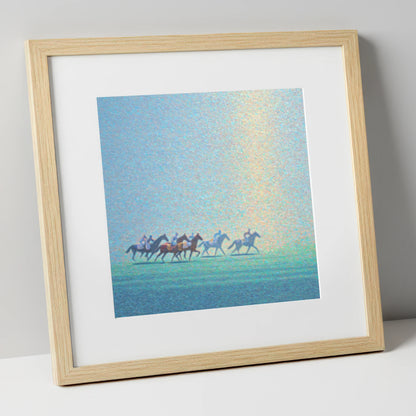 Ethereal Morning Gallop racing horse art print in natural frame