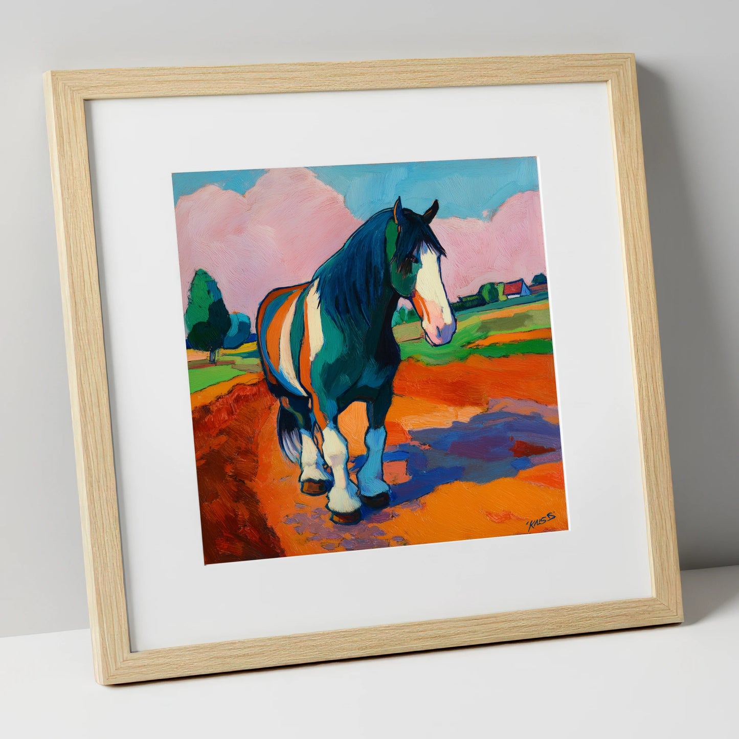 Vibrant Coloured Cob horse breed art print in natural frame