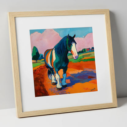 Vibrant Coloured Cob horse breed art print in natural frame