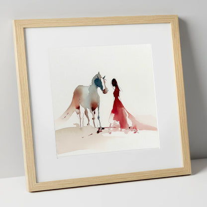 The Crimson Bond horse & rider art print in natural frame