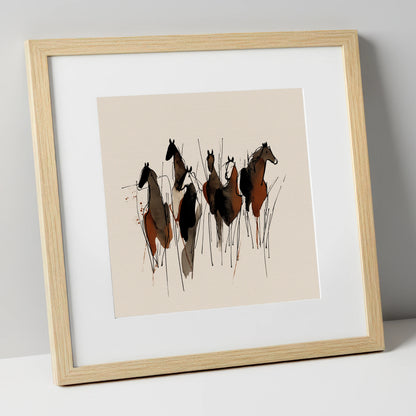 Earthy Herd Silhouettes wild horses art print in natural frame
