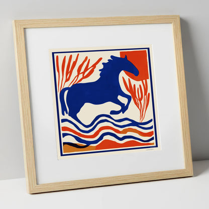 The Cobalt Leap wild horses art print in natural frame