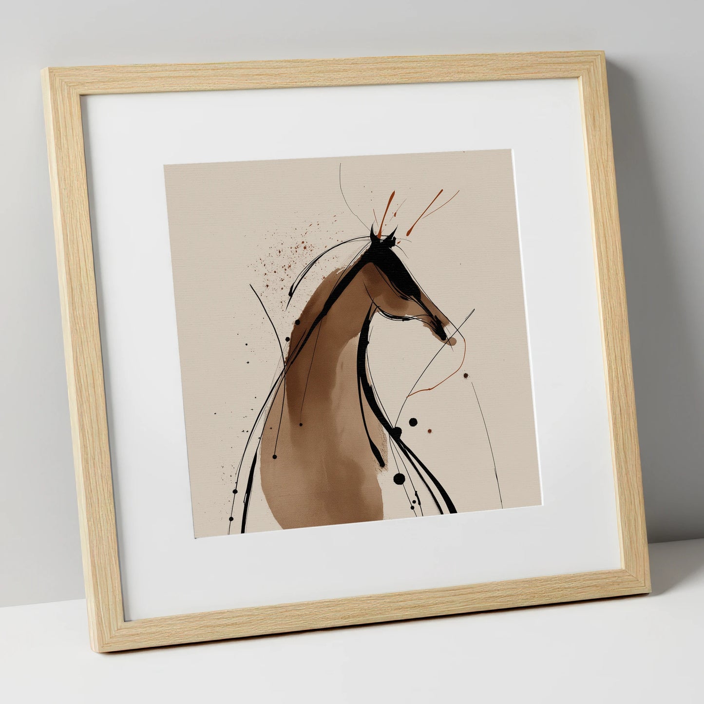 Sweeping Ink Silhouette horse portrait art print in natural frame