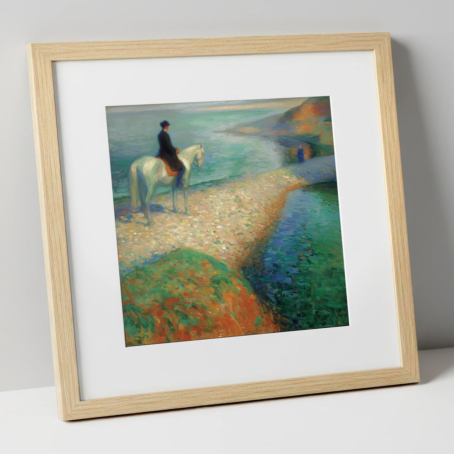 Luminous Coastal Hack beach horse art print in natural frame