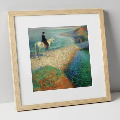 Luminous Coastal Hack beach horse art print in natural frame