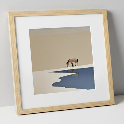 Solitary Reflection horse landscape art print in natural frame