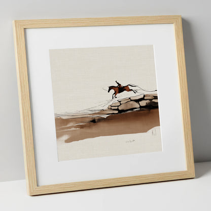 Flight Over Stone show jumping horse art print in natural frame