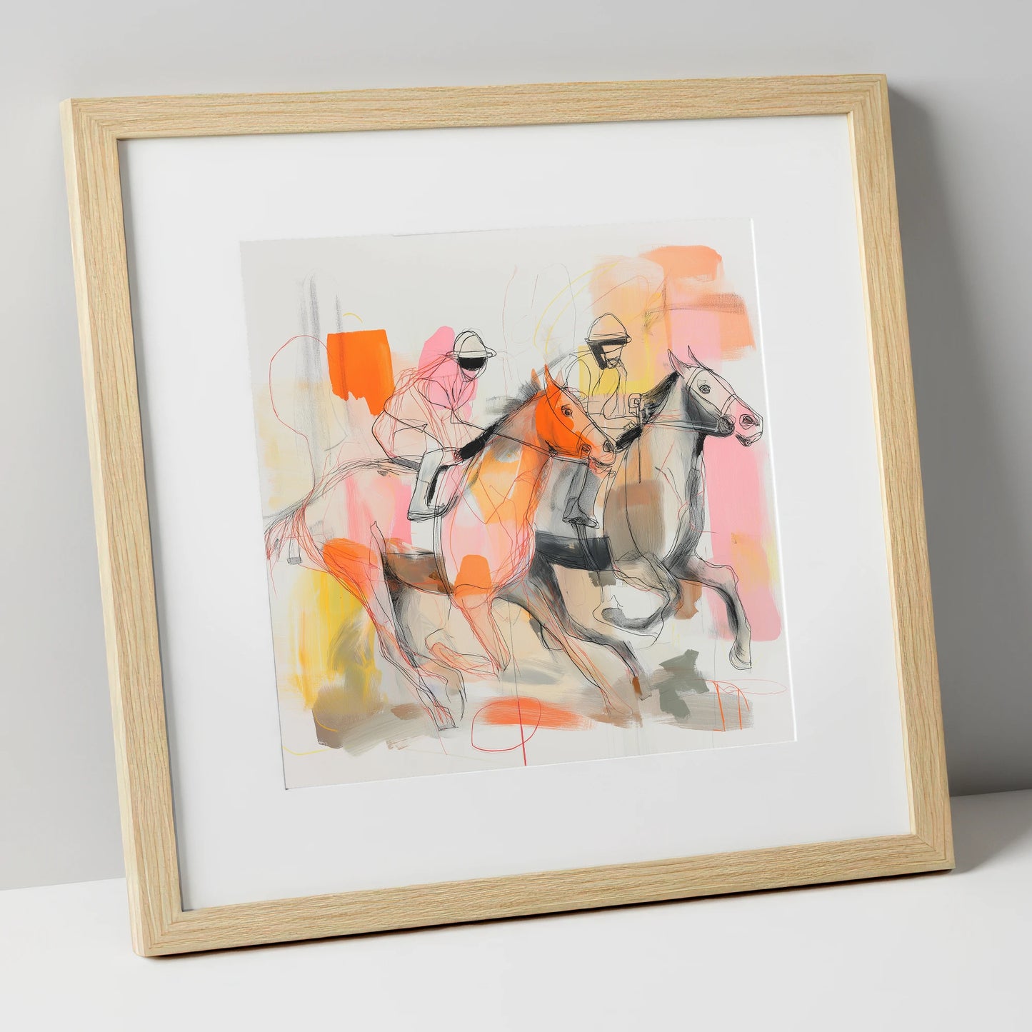 Vibrant Final Furlong racing horse art print in natural frame