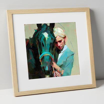 Silent Understanding horse & rider art print in natural frame