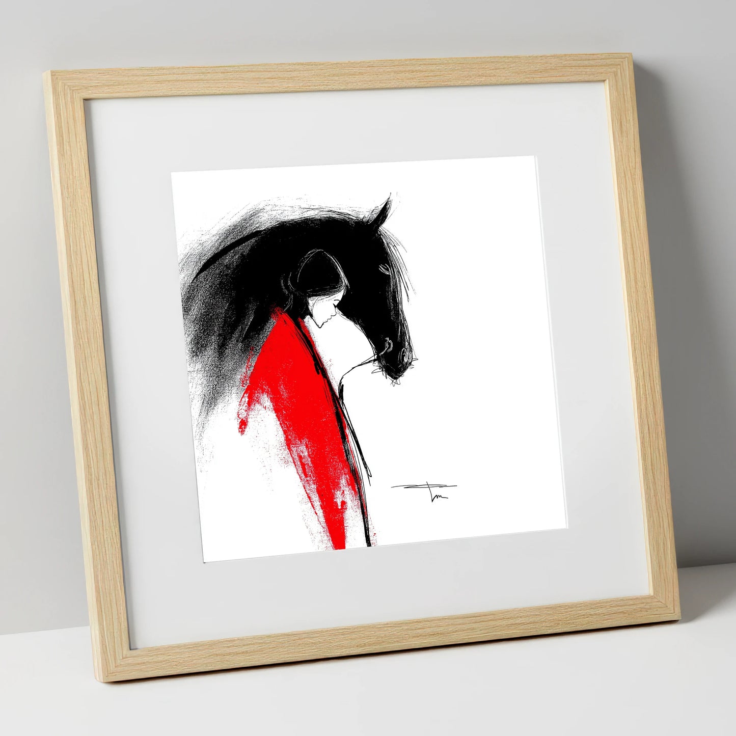 Crimson Connection horse & rider art print in natural frame