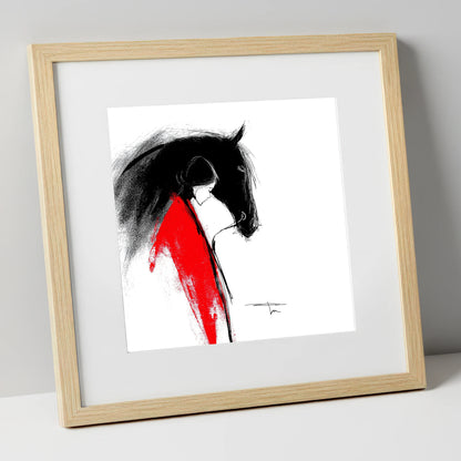 Crimson Connection horse & rider art print in natural frame