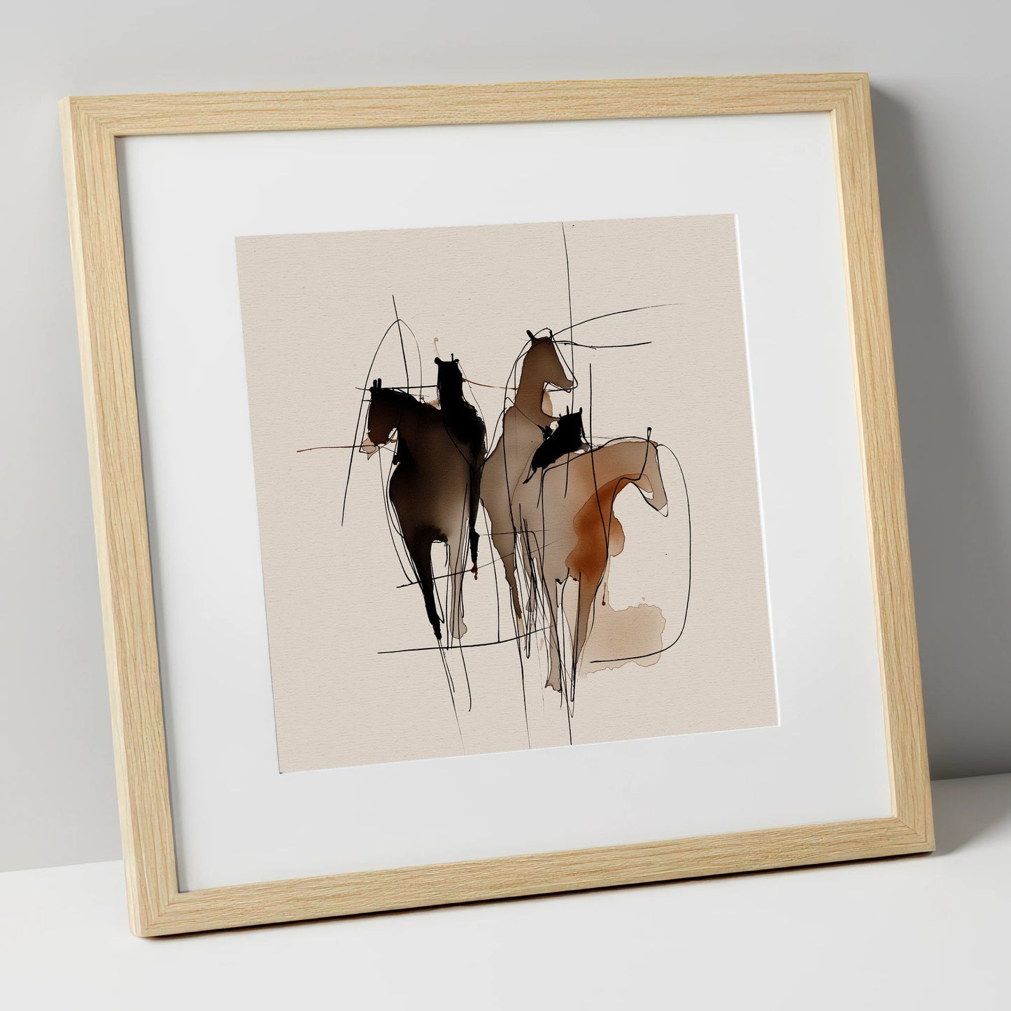 Dynamic Equine Trio horse portrait art print in natural frame
