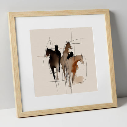 Dynamic Equine Trio horse portrait art print in natural frame