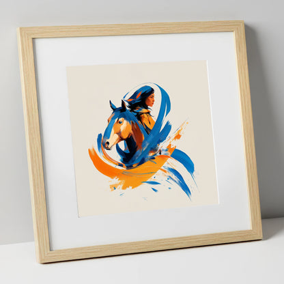 Spirits Entwined horse & rider art print in natural frame
