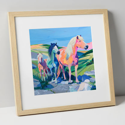 Vivid Moorland Herd horse landscape art print in natural frame
