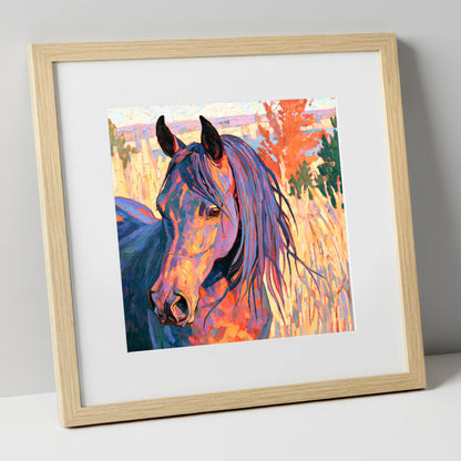 Colourful Horse in Autumn Grass horse breed art print in natural frame