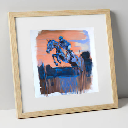 Cobalt Clearance show jumping horse art print in natural frame