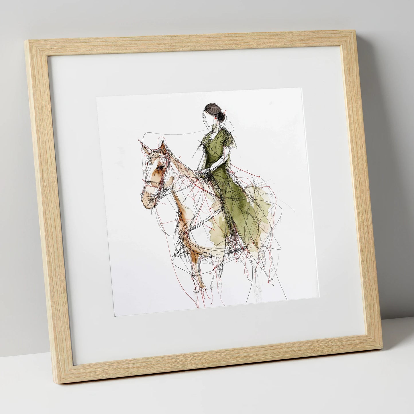Threads of Connection horse & rider art print in natural frame