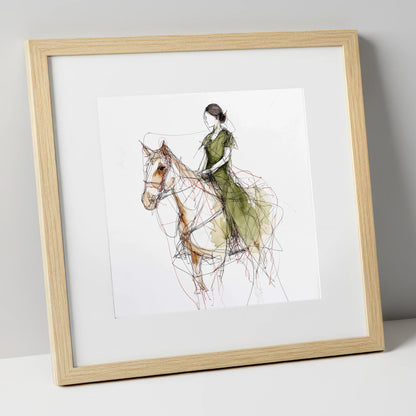 Threads of Connection horse & rider art print in natural frame