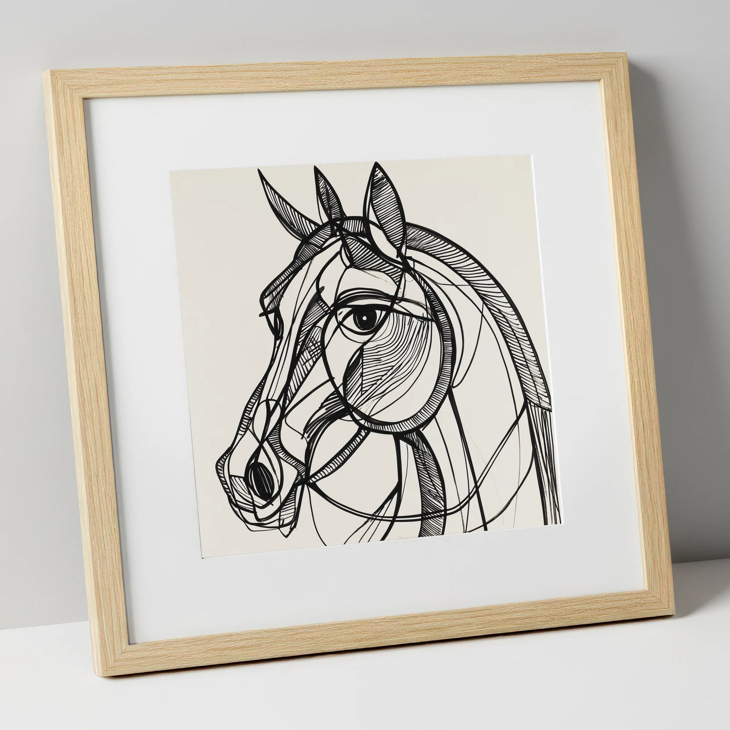 Bold Linear Equine horse portrait art print in natural frame