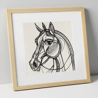 Bold Linear Equine horse portrait art print in natural frame