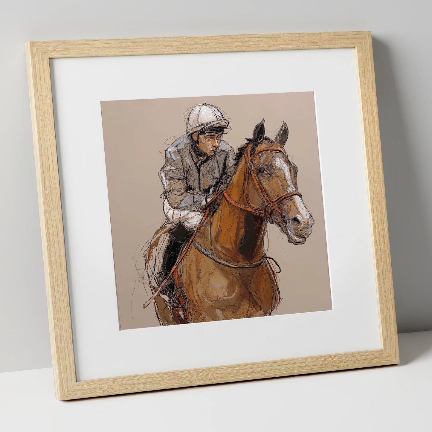 Moments Before the Off racing horse art print in natural frame