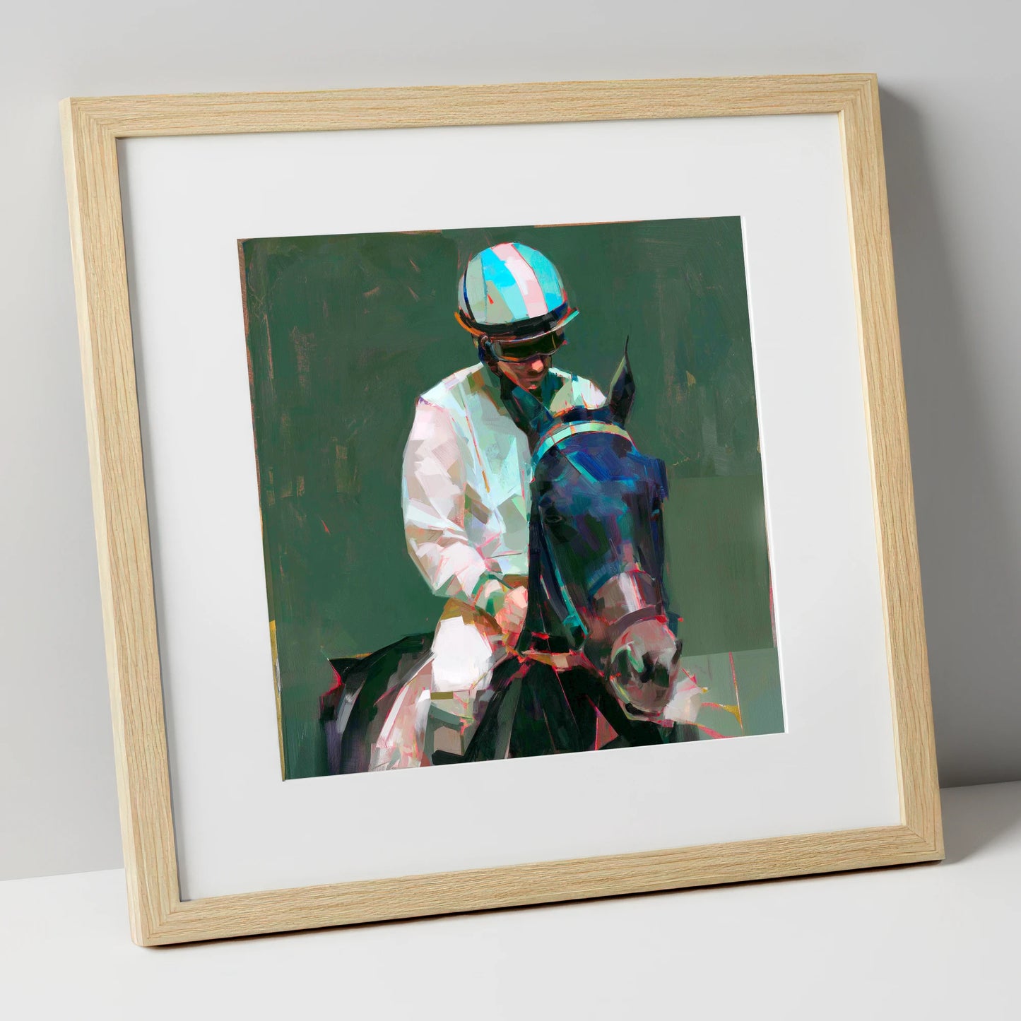 Pre-Race Focus racing horse art print in natural frame