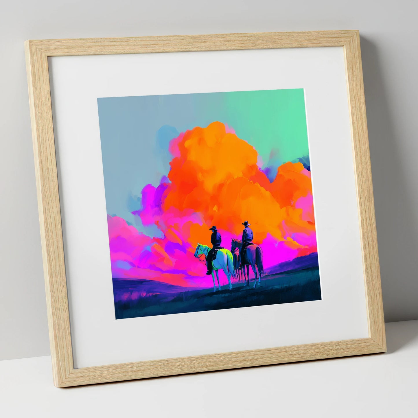 Vivid Western Horizon horse landscape art print in natural frame