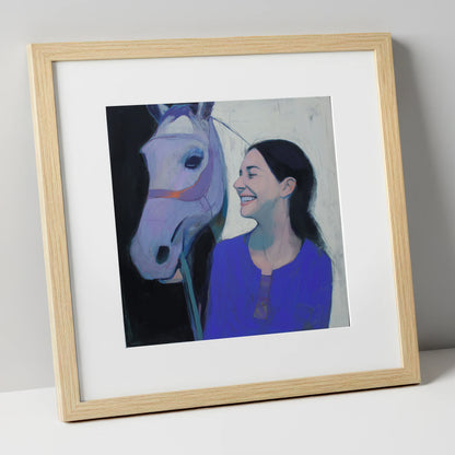 The Royal Blue Bond horse & rider art print in natural frame