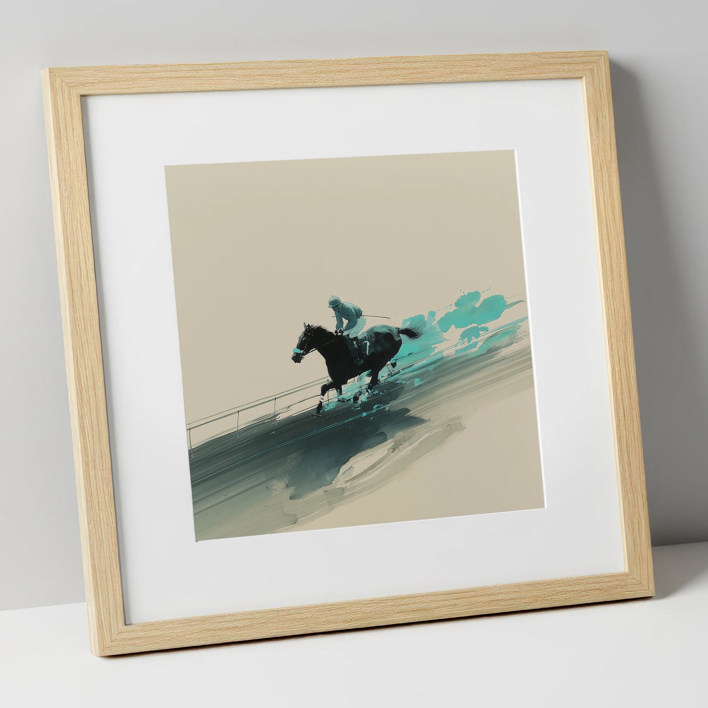 Velocity in Teal racing horse art print in natural frame