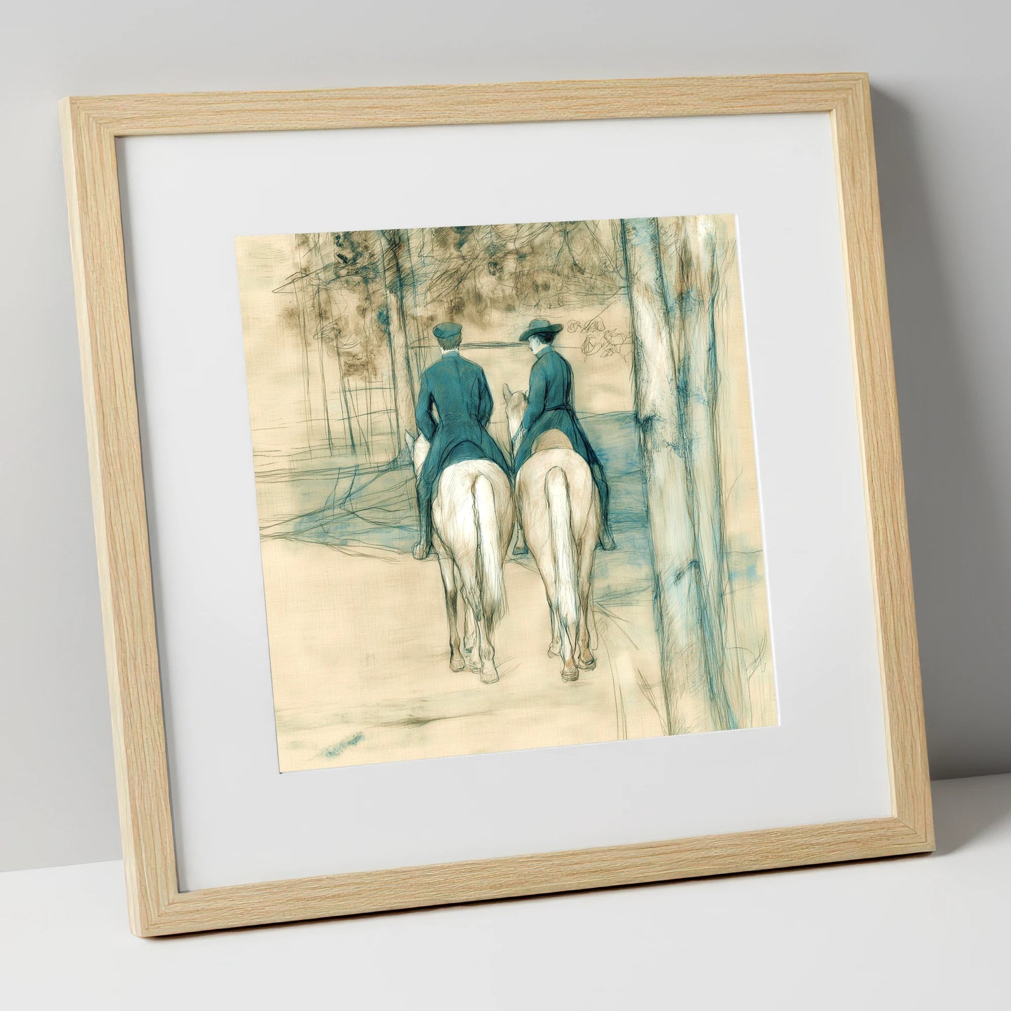 The Woodland Hack horse & rider art print in natural frame