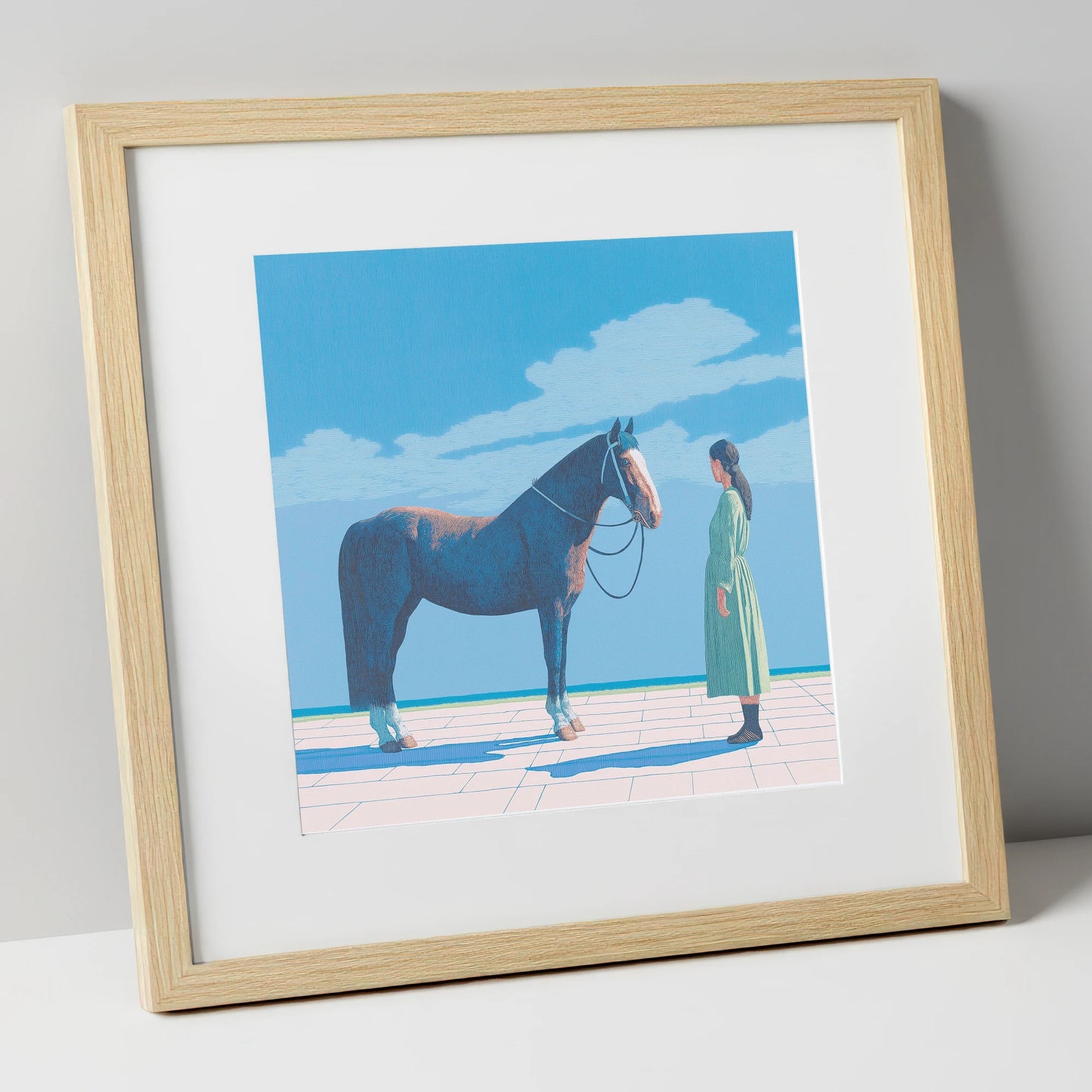 The Quiet Bond horse & rider art print in natural frame