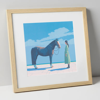 The Quiet Bond horse & rider art print in natural frame