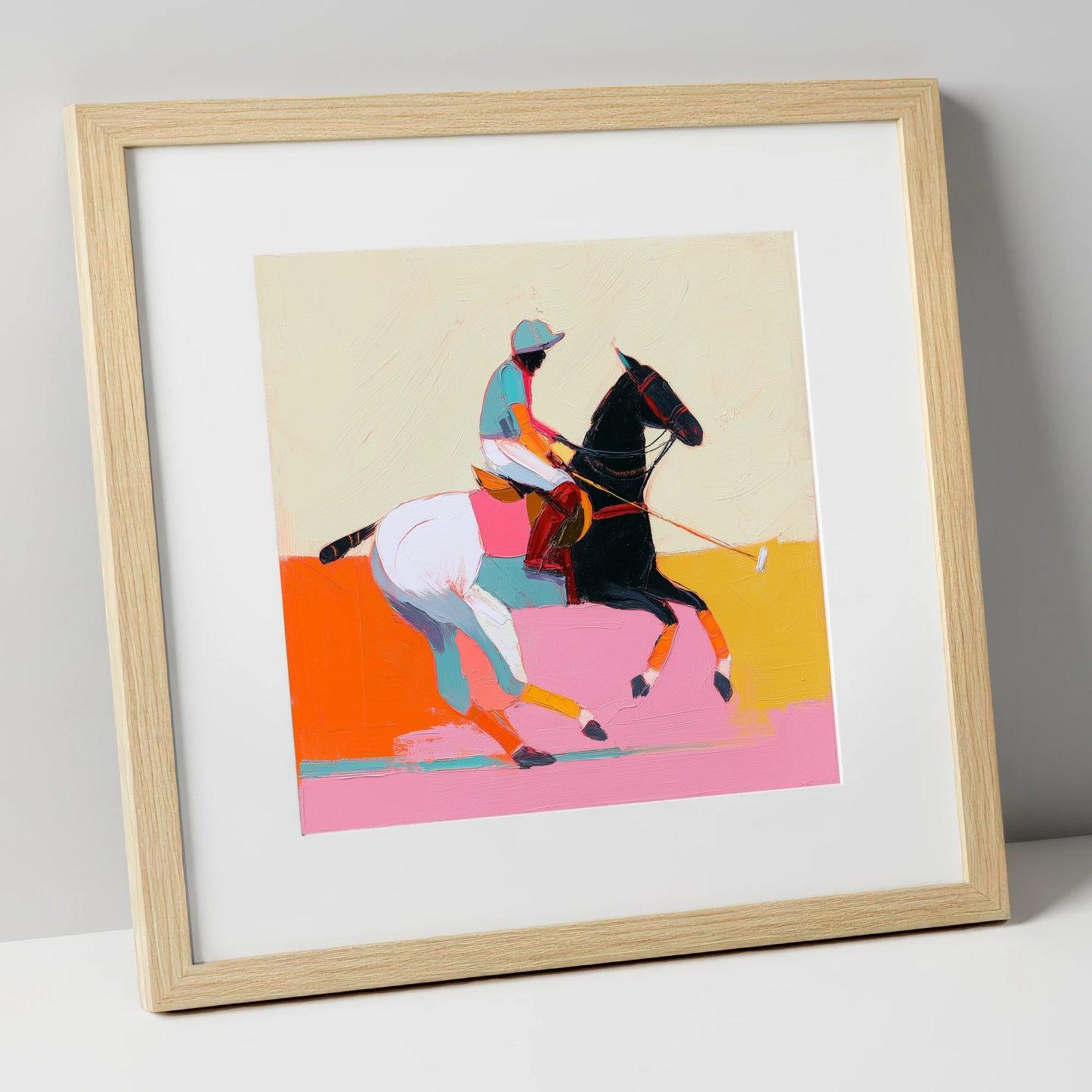 Vivid High Goal polo horse art print in natural frame
