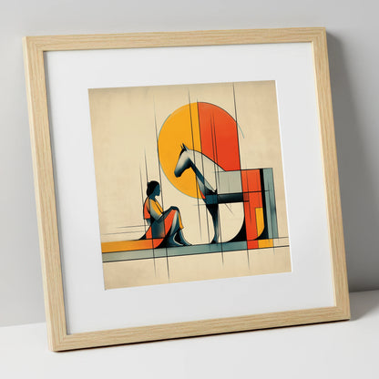 Structured Harmony horse & rider art print in natural frame