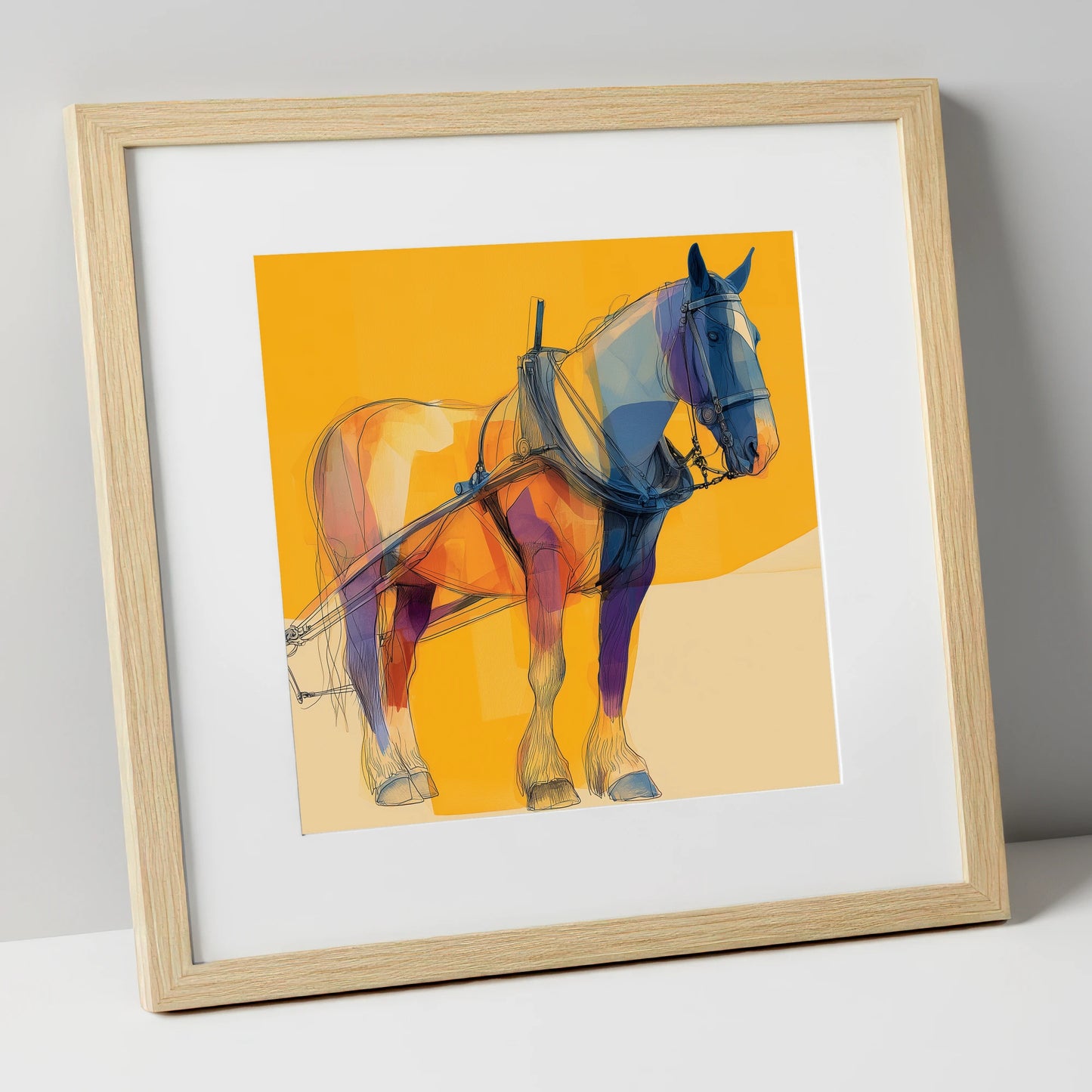 Modern Draught in Harness working horse art print in natural frame