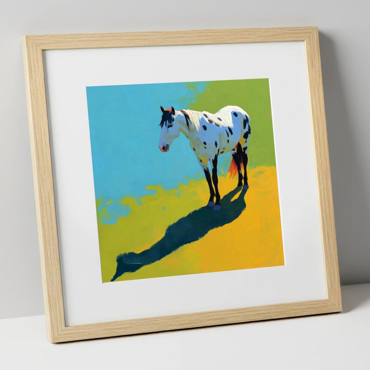 Sunlit Appaloosa Shadow horse breed art print in natural frame